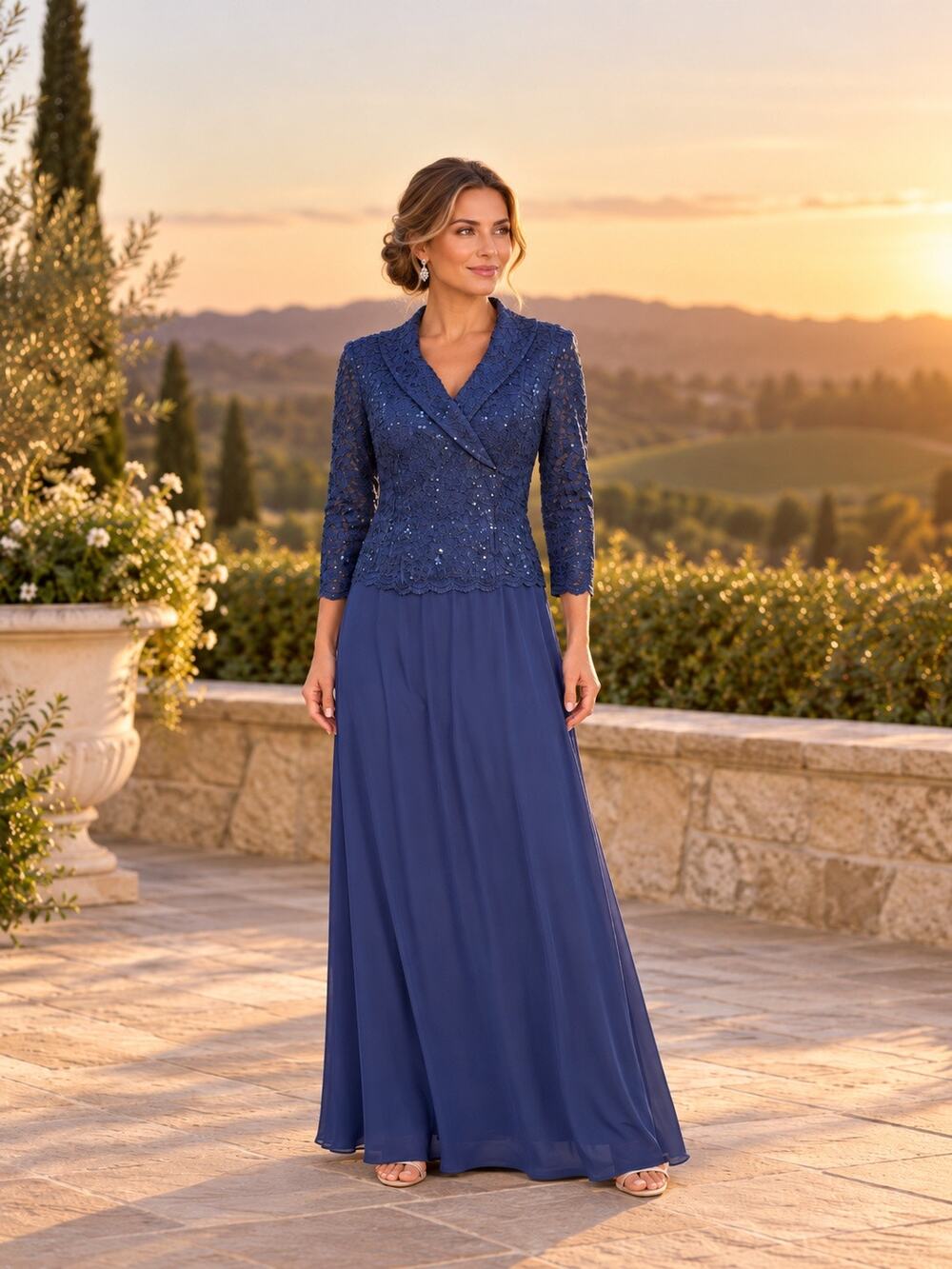 Alex Evenings Navy Sequin Lace Portrait Collar Mother of Bride Gown 4 NWT $189